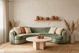 Salon moderne décoré selon les tendances 2024 avec canapé en velours vert sauge, table basse en travertin et vases en céramique terracotta