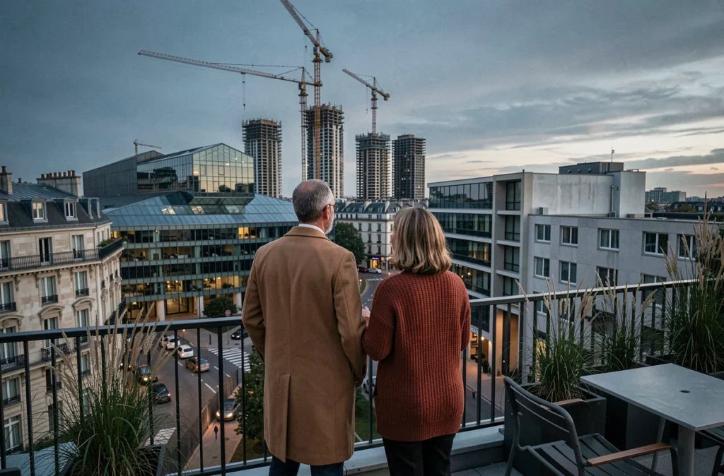 Couple observant depuis une terrasse la skyline d'un quartier en transformation avec grues et bâtiments rénovés
