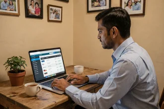 Un homme d'origine sud-asiatique effectuant un transfert d'argent international en cryptomonnaie depuis son appartement