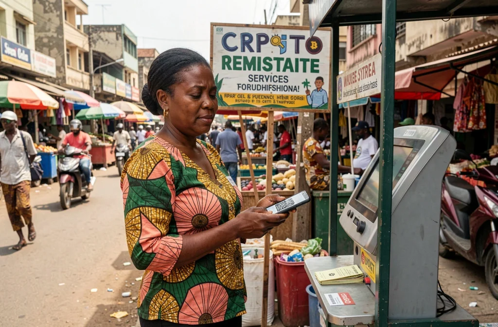 Une femme africaine utilisant un service de transfert de cryptomonnaie dans une rue commerçante de Lagos