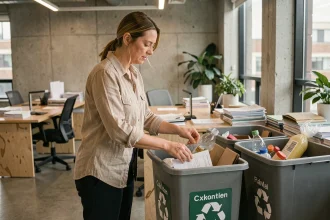 Femme de bureau triant des déchets dans des bacs de recyclage en open space, gestion des déchets en entreprise