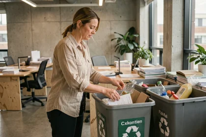 Femme de bureau triant des déchets dans des bacs de recyclage en open space, gestion des déchets en entreprise