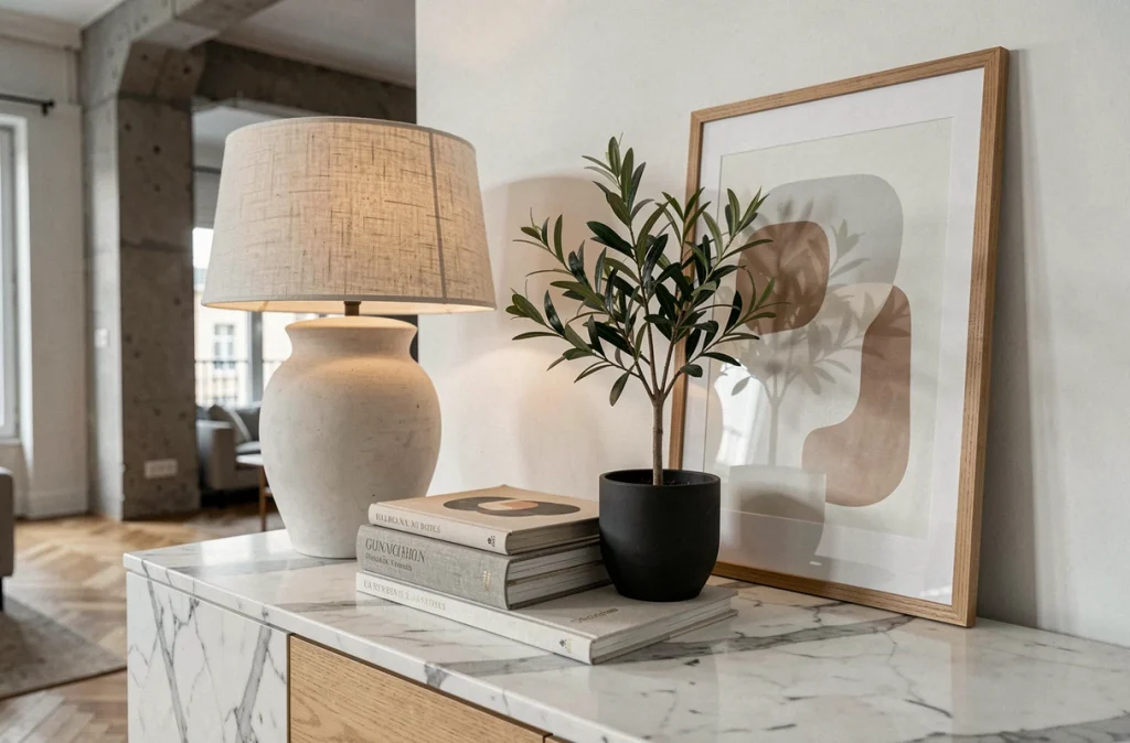 Vignette décorative tendance 2024 sur un meuble console en marbre avec lampe en plâtre, livres d'art et olivier en pot dans un salon parisien contemporain