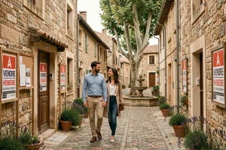 Couple visitant un village attractif avec des maisons en pierre à vendre dans une rue pavée provençale