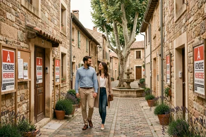 Couple visitant un village attractif avec des maisons en pierre à vendre dans une rue pavée provençale
