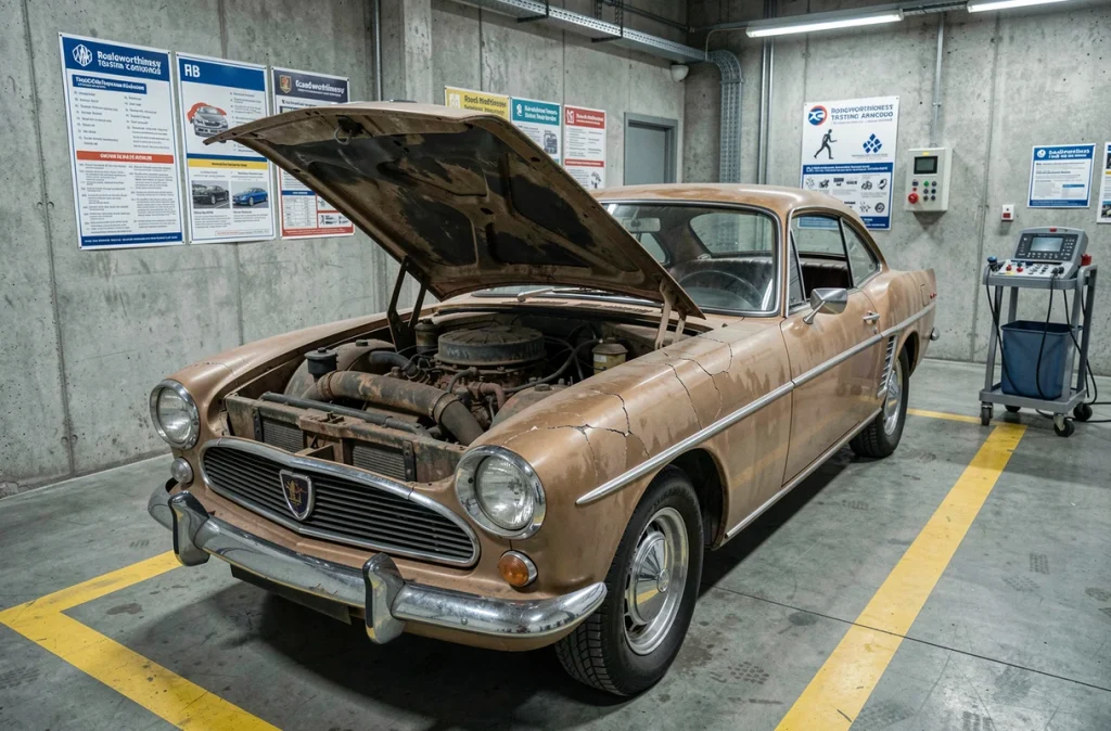 Voiture de collection capot ouvert dans un centre de contrôle technique réglementaire