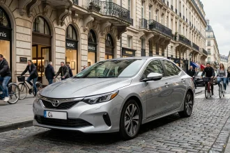Voiture hybride garée dans une rue urbaine animée de Paris avec des façades haussmanniennes en arrière-plan