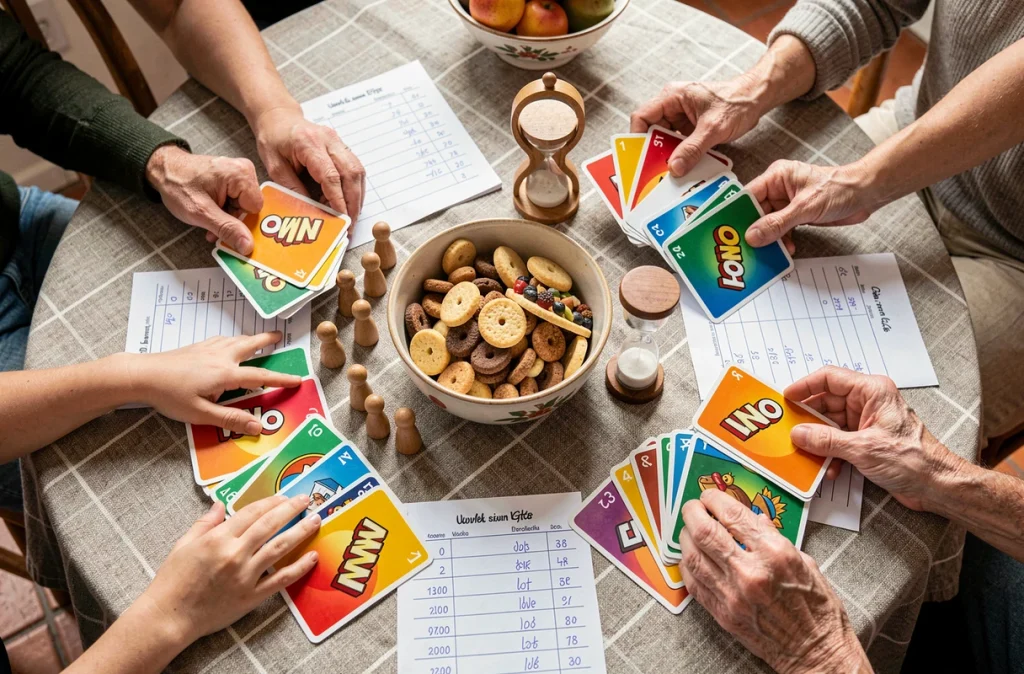 Vue aérienne d'une table de jeu avec des cartes Uno, des pions et des collations lors d'une soirée jeux en famille