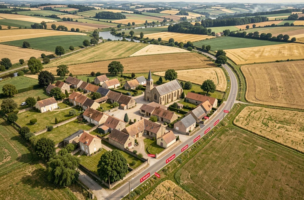 Vue aérienne d'un village français attractif entouré de champs avec des maisons en vente sur le marché immobilier local