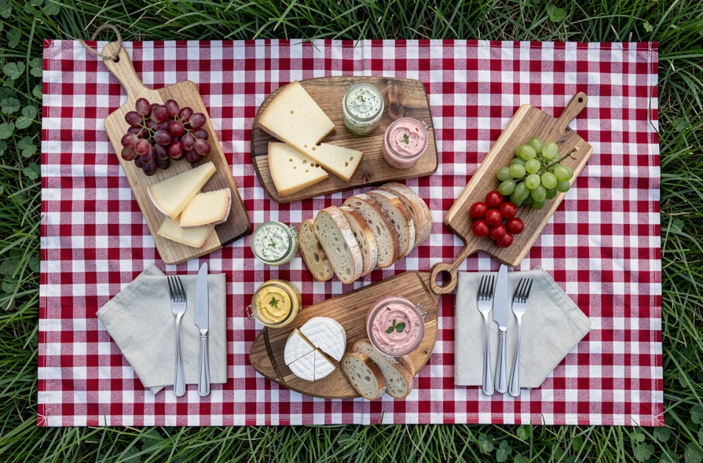 Vue de dessus d'un pique-nique familial bien organisé avec fromages, fruits et sandwiches sur une nappe à carreaux