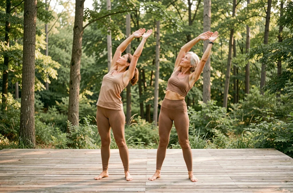 Deux femmes pratiquant des étirements de yoga doux en plein air sur une terrasse en bois pour soulager les douleurs articulaires