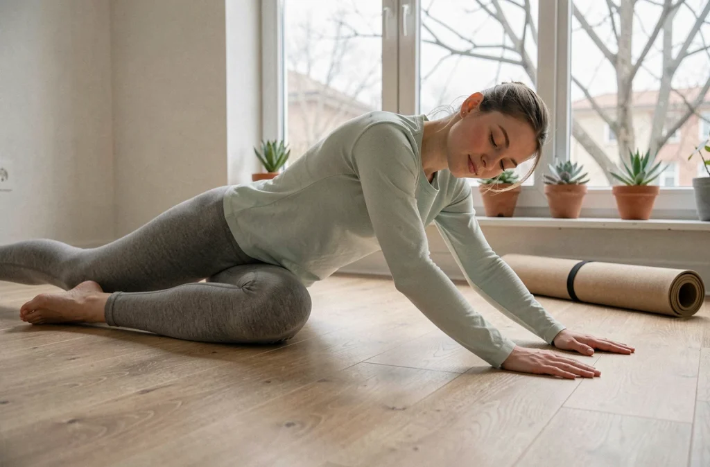 Jeune femme pratiquant le yoga le matin dans un appartement lumineux en hiver, bien-être et lumière naturelle hivernale