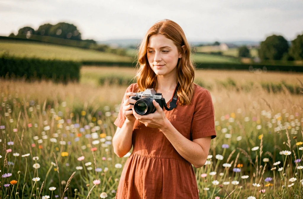 Ambre 29, jeune photographe finistérienne dans un champ de fleurs sauvages bretonnes, appareil photo à la main