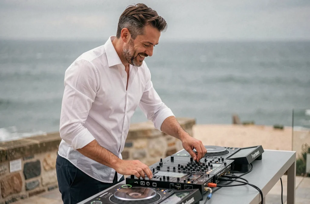 Braesko en performance derrière sa console DJ sur une terrasse bretonne avec l'océan Atlantique en arrière-plan