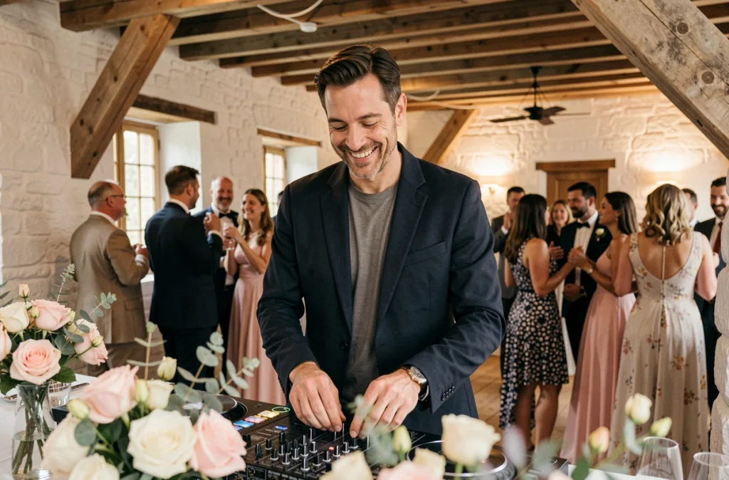 DJ Sixter animant une réception de mariage dans un manoir breton rénové avec murs en pierre blanchie et poutres en bois