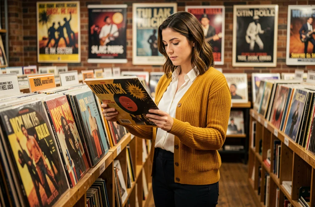 Jeune femme choisissant un vinyle dans un magasin de disques pour accompagner une danse de madison