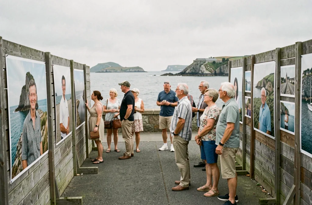 Festival Vent d'Images à Carantec, visiteurs admirant des portraits photographiques exposés sur des panneaux en bois le long de la promenade côtière