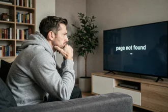 Homme frustré devant sa télévision affichant une erreur de page introuvable pour une chaîne Live TV