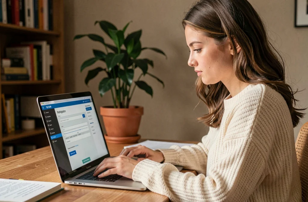 Jeune femme s'inscrivant en ligne pour participer à l'émission Koi de Neuf KDN depuis son bureau à domicile