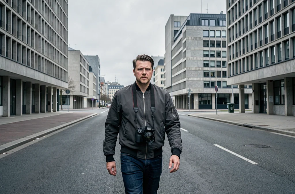 Jérôme, photographe portraitiste de Brest, marchant dans les rues modernistes de la ville avec son appareil en bandoulière