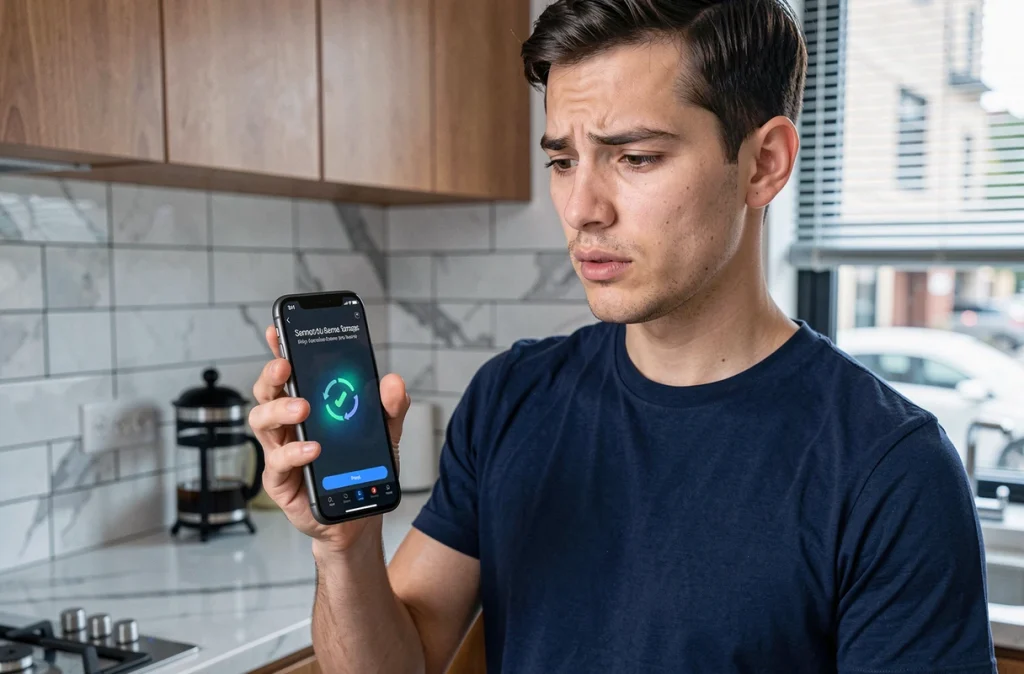 Jeune homme confus face à une erreur de connexion sur son application Live TV depuis son smartphone