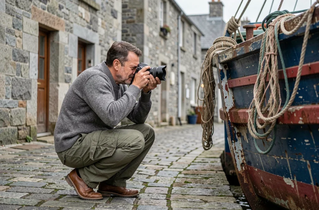 Loïc Blier photographe dans une ruelle bretonne, cadrant un bateau de pêche traditionnel aux couleurs passées