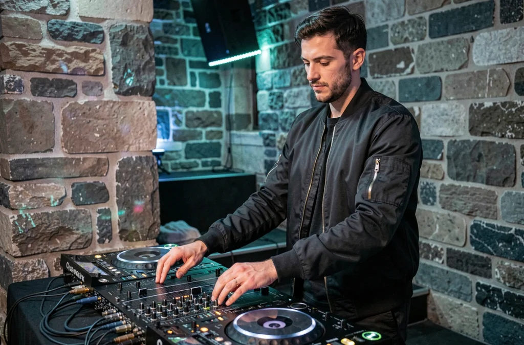 DJ Mangabey derrière ses platines dans un club aux murs en pierre bretonne, avec une ambiance feutrée et professionnelle