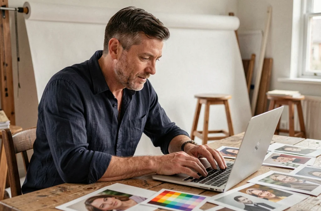 Photographe portraitiste Marc Glen dans son studio breton, révisant des portraits imprimés sur son bureau en bois