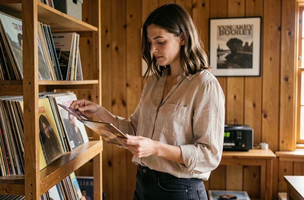 Musicienne de Mes Petites Musiques feuilletant des vinyles dans un studio chaleureux au décor en bois en Bretagne