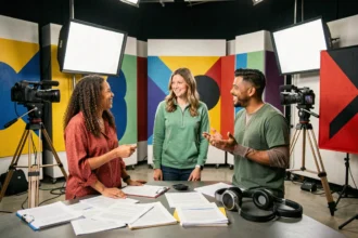 Groupe de participants enthousiastes dans un studio de télévision moderne prêts à rejoindre l'émission Koi de Neuf KDN