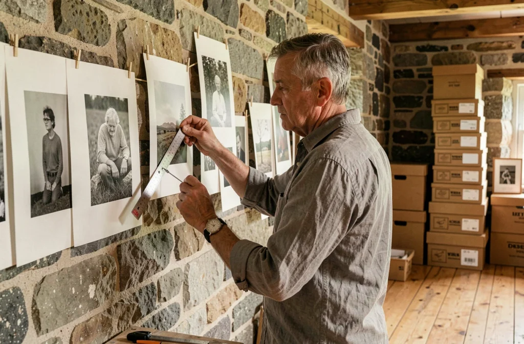 Photographe auteur du Finistère accrochant ses tirages d'art dans un atelier en pierre brute, reflétant le statut d'artiste-auteur indépendant