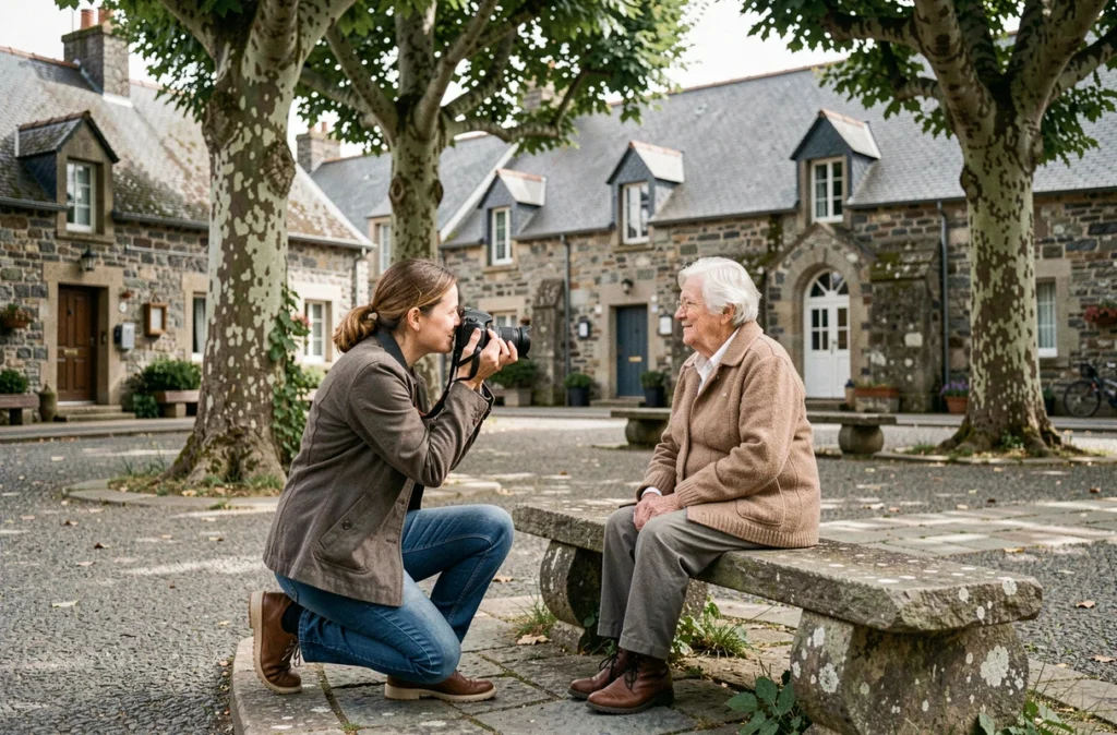 Session de portrait en plein air à Cléder, une photographe en train de photographier une femme bretonne âgée assise sur un banc en pierre dans un village du Finistère nord