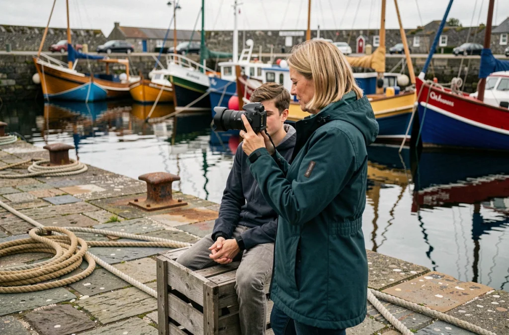Photographe portraitiste de Douarnenez préparant une session photo sur le quai du port avec un sujet assis sur une caisse en bois devant des bateaux de pêche bretons