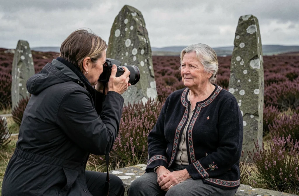 Photographe finistérienne du projet 100 Bretonnes en train de photographier une femme bretonne en cardigan traditionnel devant des menhirs et une lande de bruyère