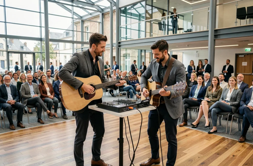 Duo de Silverspoon Musique Live combinant guitare acoustique et DJ set lors d'un événement d'entreprise dans une salle moderne en Bretagne