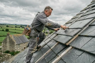 Couvreur professionnel posant des ardoises bretonnes sur un toit en pente dans les Côtes-d'Armor